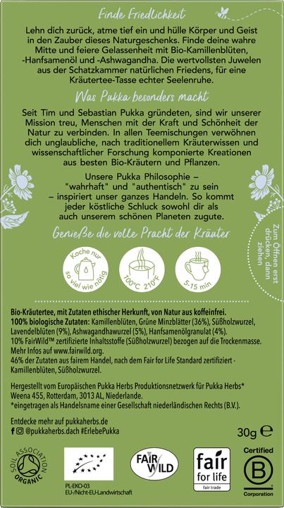 Valeurs nutritives et ingrédients Pukka thé de la paix (30 g)