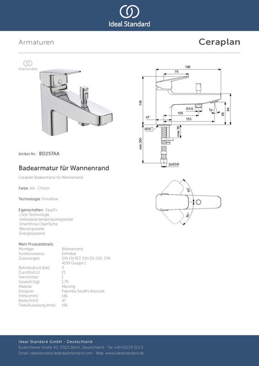 Immagine prodotto Ideal Standard Miscelatore per bordo vasca Ceraplan cromo lucido BD257AA