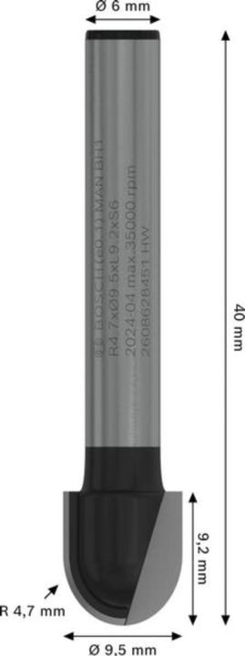 Immagine prodotto Bosch Professional Zubehör Fresa a filetto, 6 mm, R1 4,7 mm, P 9,5 mm, L 9,2 mm, G 40 mm