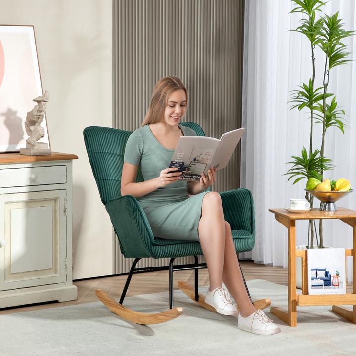 Image du produit Homcom Schaukelstuhl Kord (100% Polyester), Buchenholz, Stahl, Schaumstoff Dunkelgrün