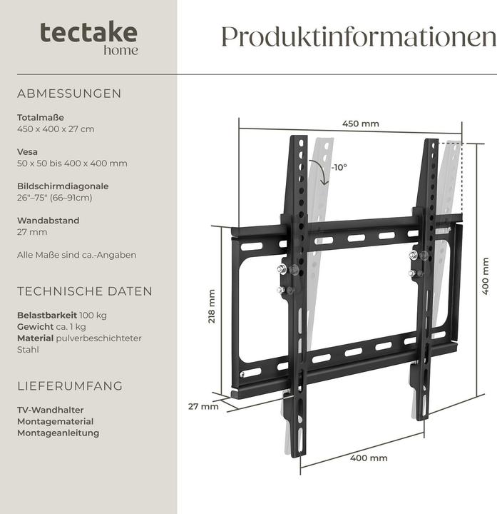 Actual product image tectake TV wall mount (Wall, 100 kg, 32" - 55")