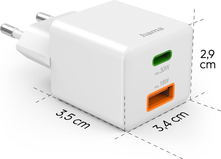 Produktbild Hama Schnellladegerät, 1x USB-C PD, 1x USB-A QC, Mini-Ladegerät, 30 W, Weiss (30 W, 2 Ports)