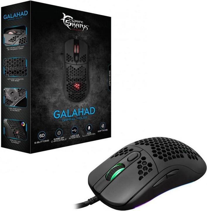 Actual product image White Shark Extremely light gaming mouse Galahad Black, 72g (Cable)