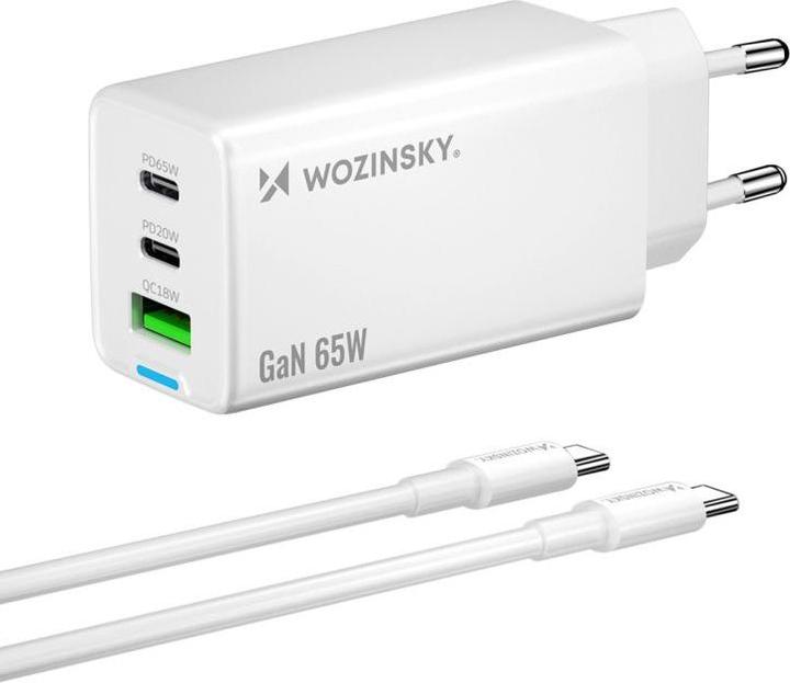 Produktbild Wozinsky GaN 65W Ladegerät mit 2xUSB-C USB-Anschlüssen mit 65W CC-Kabel - Weiss (65 W, 3 Ports)
