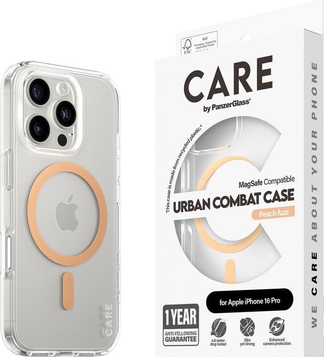 Actual product image PanzerGlass CARE by ® Flagship Case Transparent Urban Combat w. Peachy MagSafe iPhone '24 6.3" Pro (Apple iPhone 16 Pro)