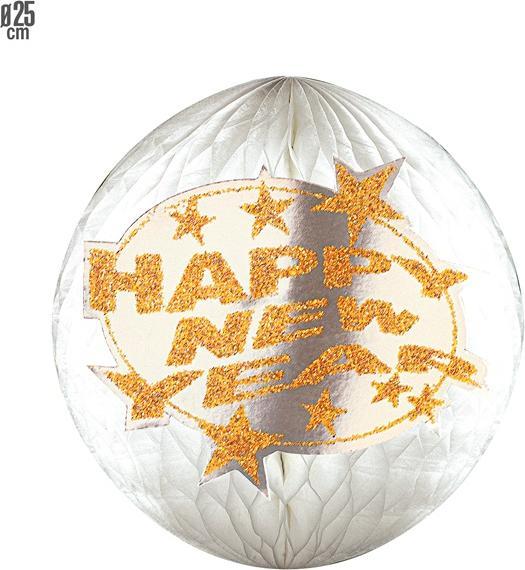 Widmann GLOBUS WABENBALL HAPPY NEW YEAR HOLOGRAFISCH 25 cm - gold und silber