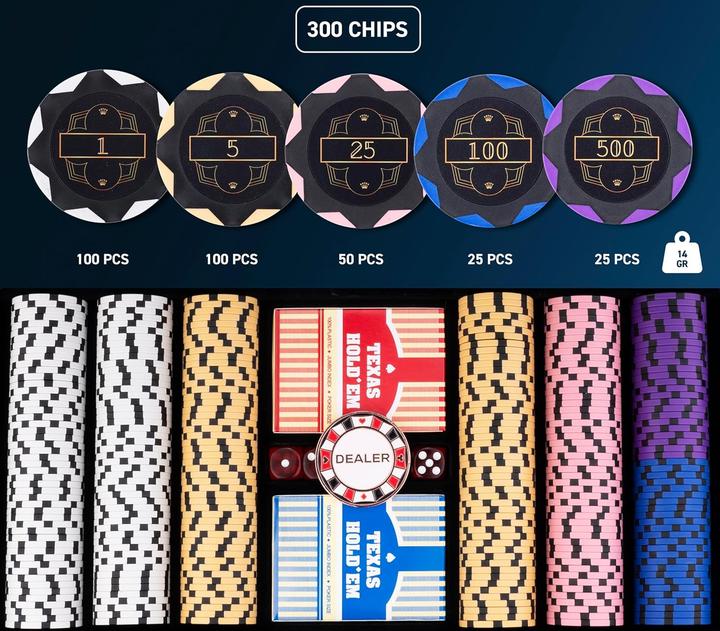 Productafbeelding Longfield Games Pokerset in zwarte koffer, 300 chips met waarde (14 gram) - Engelhart Games (320951)