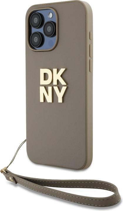 Actual product image DKNY PU Leather Stack Logo Wrist Strap Case for iPhone 14 Pro Max Beige (Apple iPhone 14 Pro Max)
