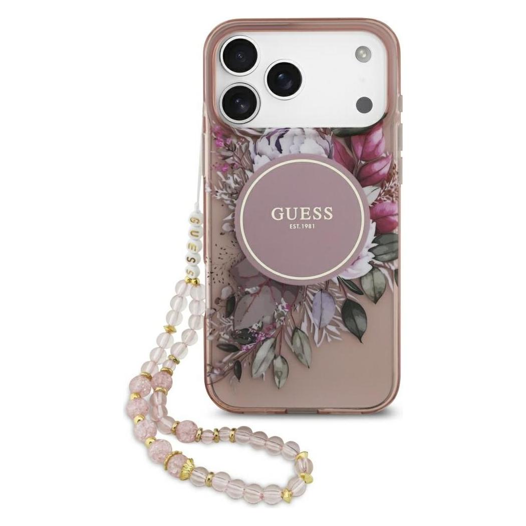 Guess - Iml Flowers With Pearl Strap MagSafe (GUHMP17XHFWBRCESP) - IPhone 17 Pro Max - Pink (Apple IPhone 17 Pro Max), Smartphone Hülle, Pink