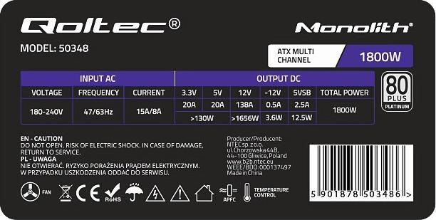 Image du produit Qoltec 50348 ATX 1800W alimentation électrique 80 Plus Platinum Gaming Miner (1800 W)