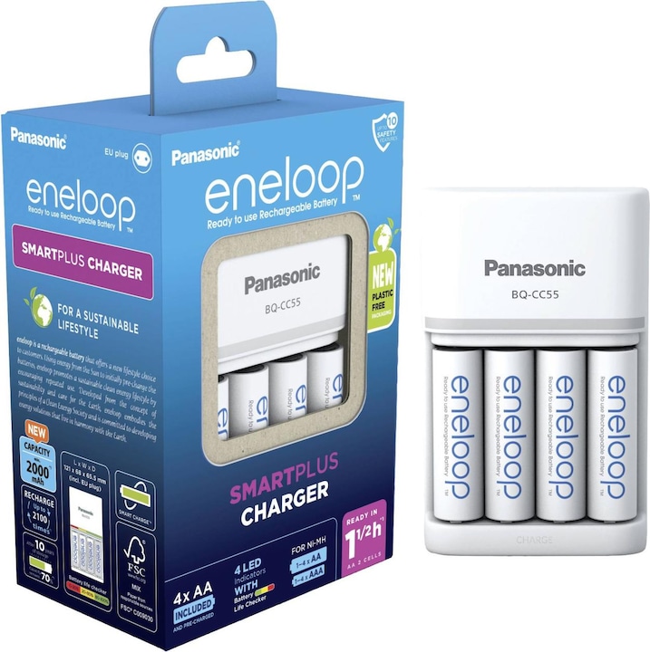 Immagine prodotto Panasonic eneloop Smart & Quick Charger BQ-CC55 (4 pz., AA, 1900 mAh, Batteria + Caricabatterie)