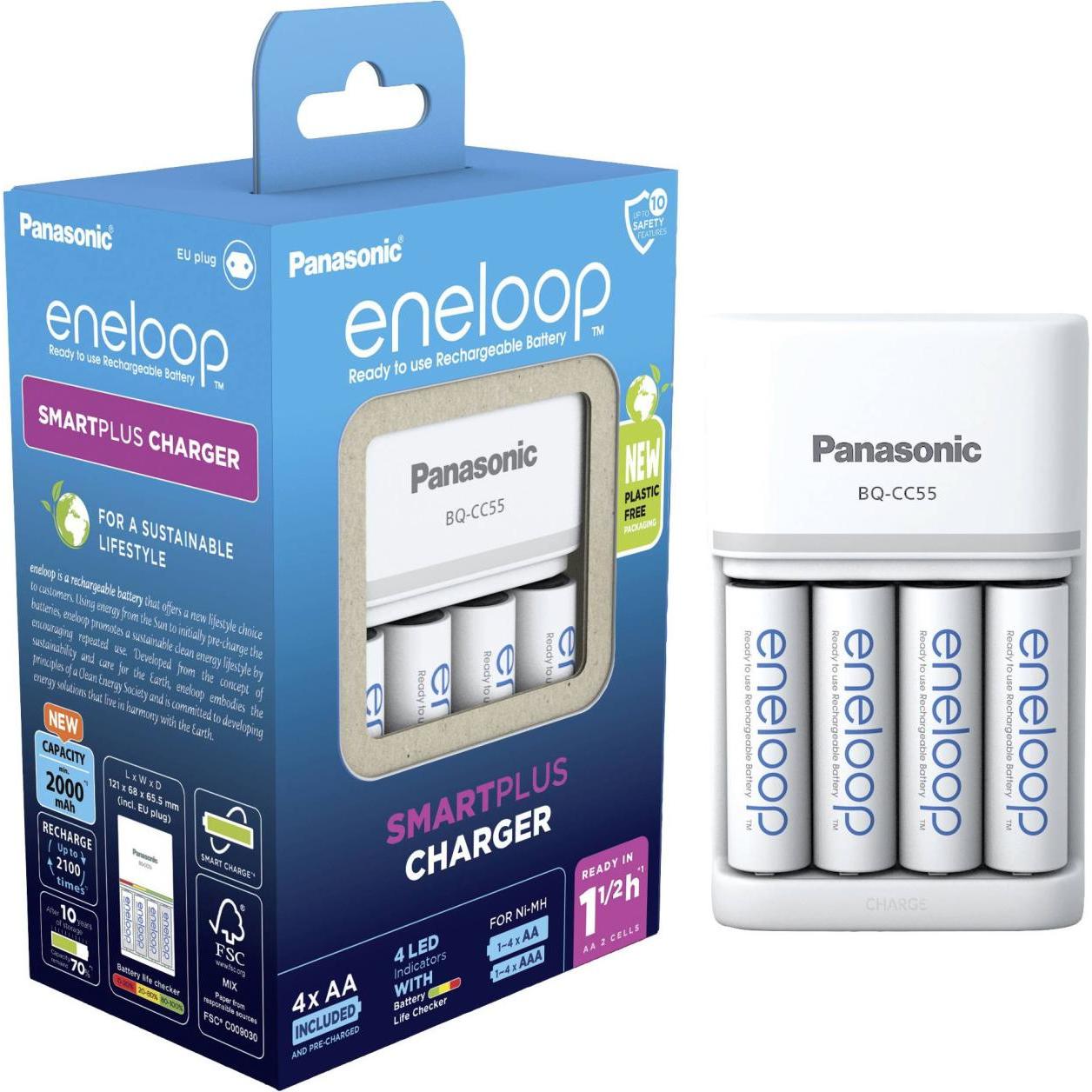 Panasonic eneloop Smart & Quick Charger BQ-CC55 (4 Stk., AA, 1900 mAh, Ladegerät inkl. Akku), Akku Ladegerät