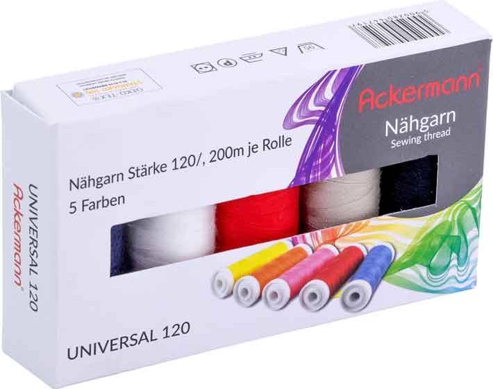 5X 200m UNIVERSAL NÄHGARN (Allesnäher), Stärke 120, 100% Polyester, reissfest (Bunt, Farben (200 m)