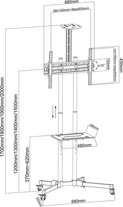 Immagine prodotto Techly Carrello TV per TV LCD LED 37-70 pollici 93,98-177,8 cm nero con ripiano (Universale, 70", 50 kg)