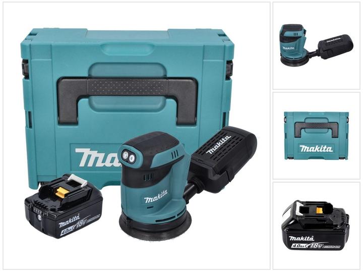 1x Makita DBO 180 Akku Exzenterschleifer, 1x Schleifpapier, 1x Staubsammelaufsatz, 1x Makita BL 1840 B 18 V 4,0 Ah Akku, 1x Makita Makpac, 1x Universaleinlage, ohne Ladegerät