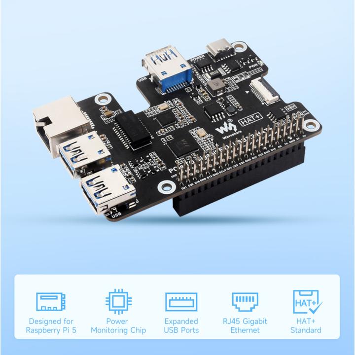 Actual product image WaveShare PCIe to Gigabit ETH USB3.2 HAT+ for Raspberry Pi5