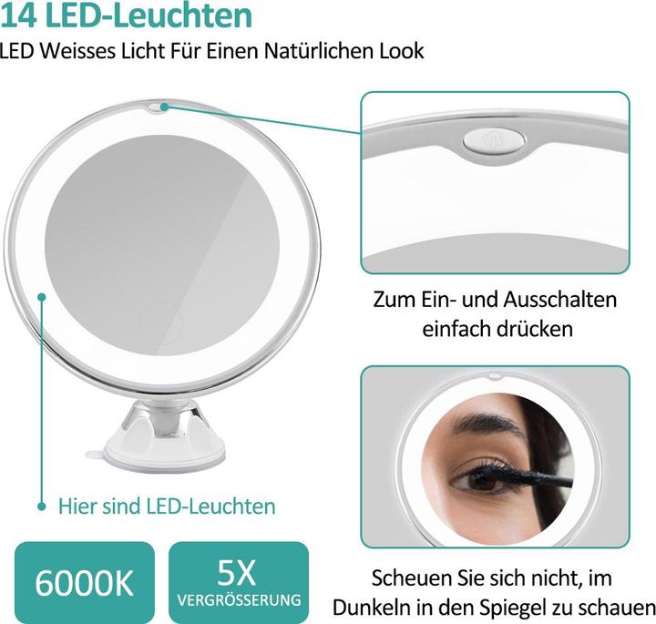 Actual product image Emke Kosmetikspiegel Mit Beleuchtung 5x VergrössErung, Starker Saugnapf, Blendfreier Led Licht, 175mm