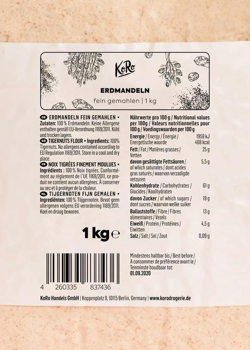 Nutritional values and ingredients KoRo Finely ground tiger nuts (1000 g)