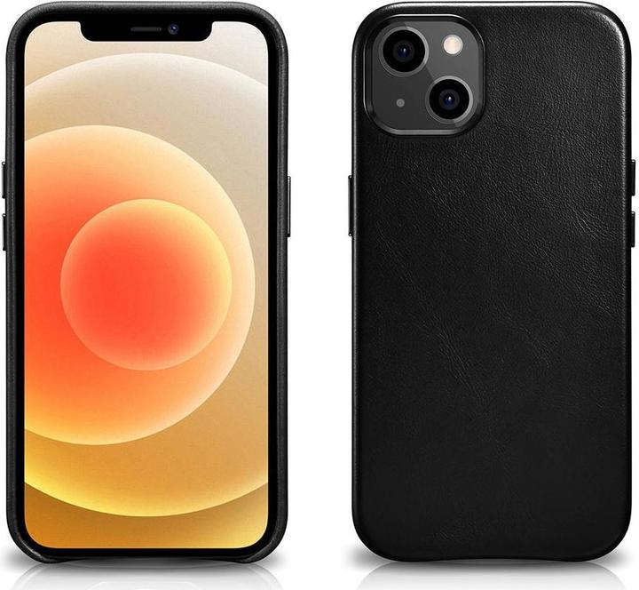 Actual product image iCarer Leather Oil Wax Case Covered in Genuine Leather for iPhone 13 Black (Compatible with MagSafe) (Apple iPhone 13)