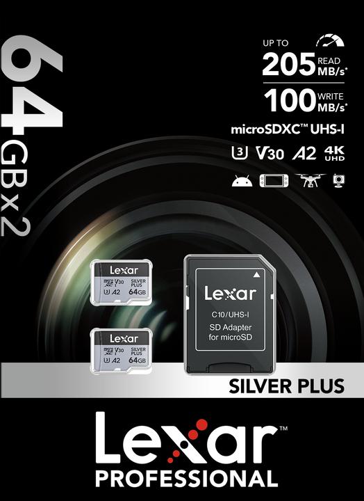Immagine prodotto Lexar Professional Silver Plus confezione da 2 (64 GB, microSDXC, U3, UHS-I)