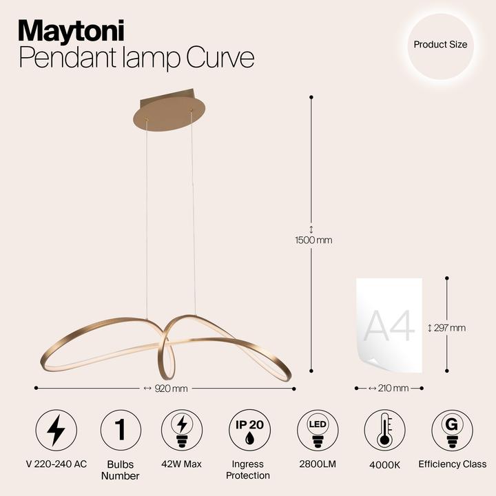 Actual product image Maytoni Curve LED pendant light, pendant light 42W gold colour 85Ra neutral white (2800 lm)