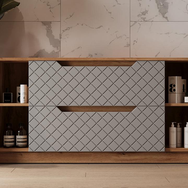 Actual product image Vicco Waschbeckenunterschrank Lotta, Eiche/Grau mit Kachelstruktur, 119.2 x 62.5 cm mit 2 Schubladen (119.20 x 32 x 62.50 cm)