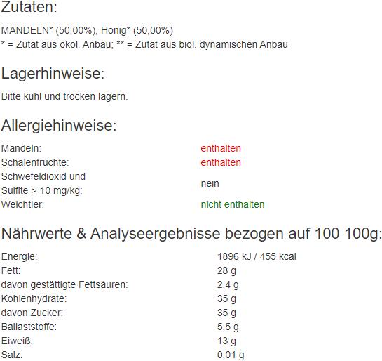 Nutritional values and ingredients Rapunzel Honey marzipan (250 g)