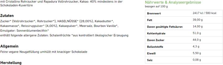 Valeurs nutritives et ingrédients Rapunzel chocolat Nirwana vegan (22 g)