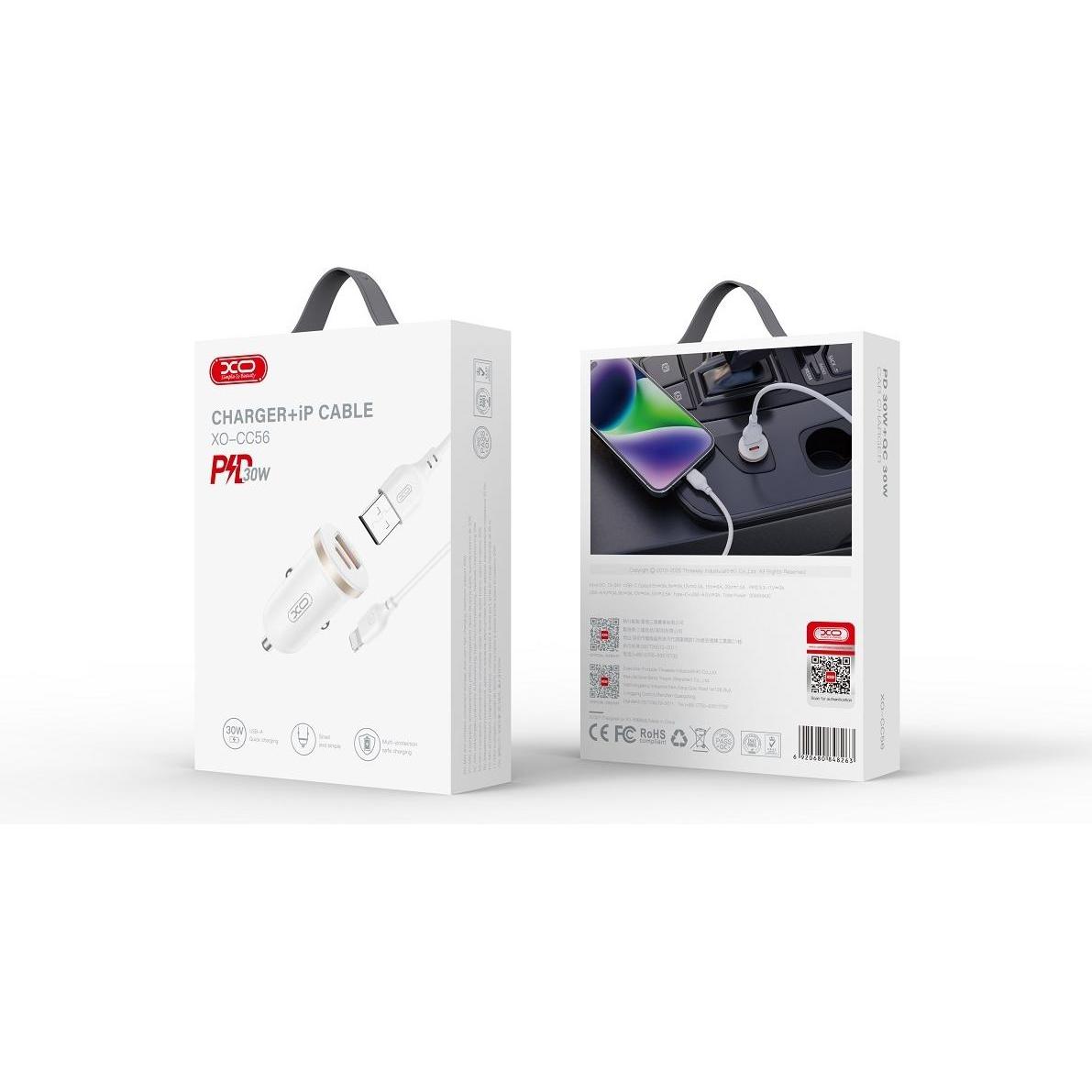 Thumbnail - xO Autoladegerät CC56 PD 30W QC 1x USB 1x USB-C weiss + USB - Lightning Kabel, Auto Adapter, Weiss