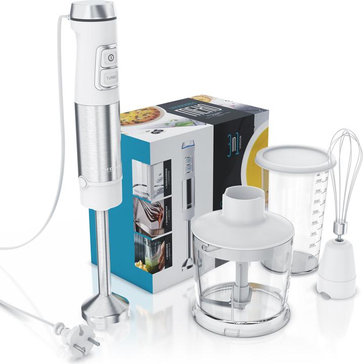 Produktbild Arendo Stabmixer 1200W, Pürierstab Edelstahl Set mit Messbecher, Zerkleinerer, Schneebesen, DC Motor, Weiss