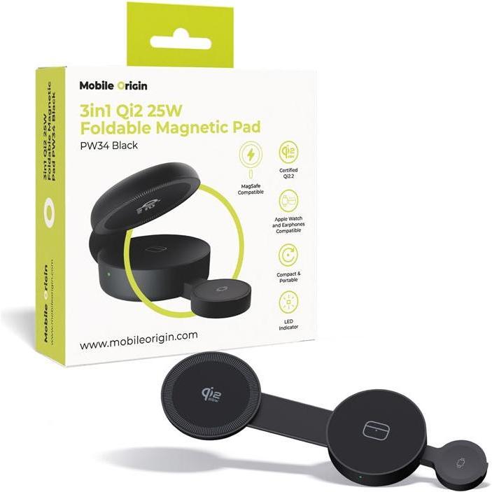 Mobile Origin Ładowarka 3in1 Qi2 25W Foldable Magnetic Pad PW34, black (25 W), Caricabatteria senza fili, Nero