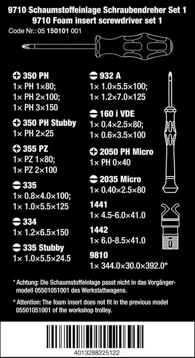 Produktbild Wera 9710 Schaumstoffeinlage Schraubendreher Set 1 (Kreuzschlitz, Schlitz)