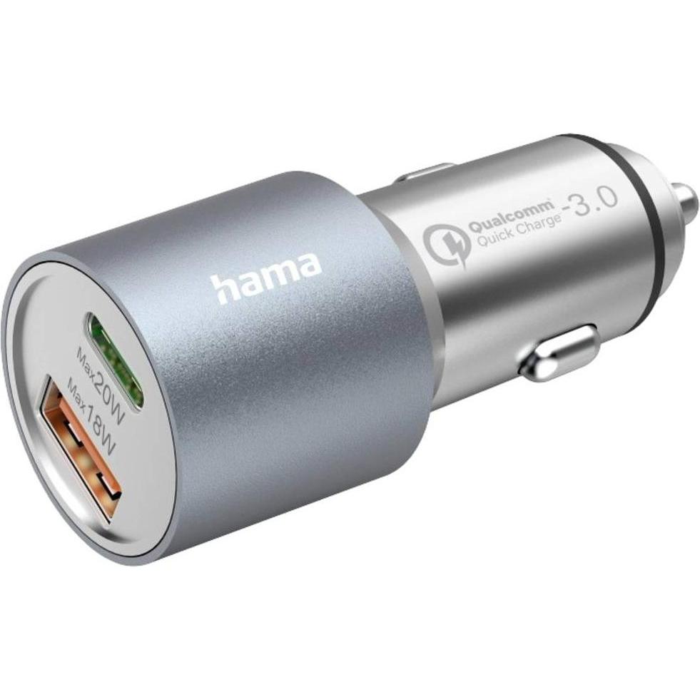 Hama Kfz-Ladegerät,USB-C/USB-A, (1x20W PD, 1x18W QC), 38 W, Metall, Auto Adapter, Silber