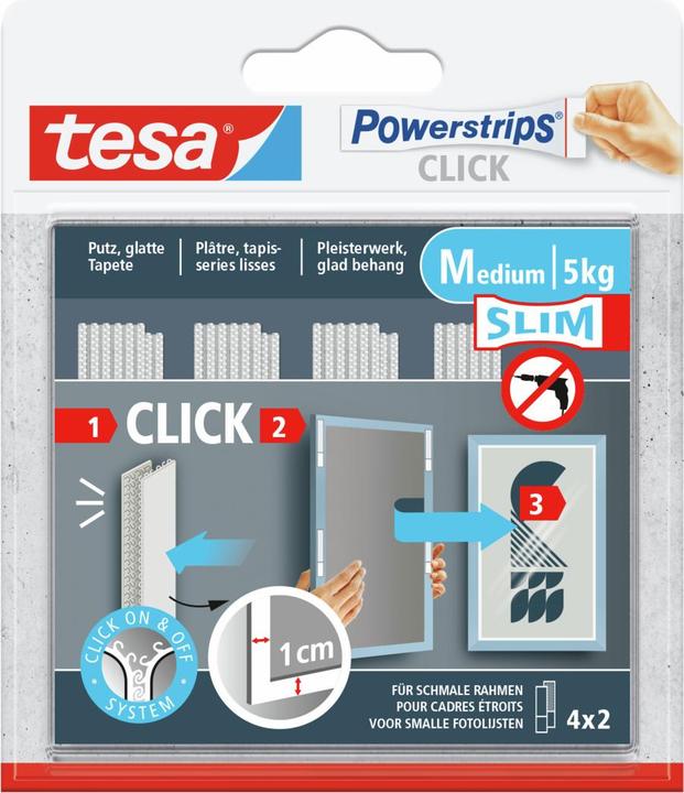 Image du produit tesa Powerstrips CLICK - Klett-Klebepads - Bilder aufhängen ohne Bohren -Slim - 4 x 2 Stück (120 mm, 5 kg)