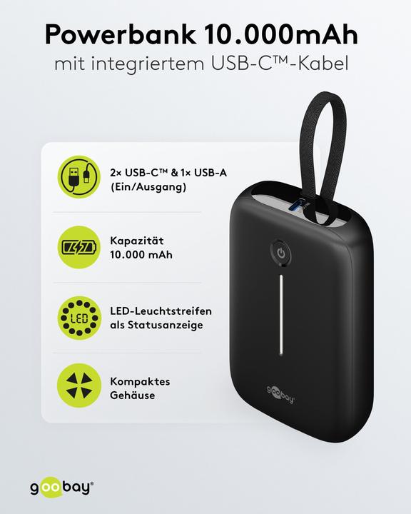 Productafbeelding Goobay Powerbank 10.000 mAh mit integriertem USB-C-Kabel (10000 mAh, 15 W, 37 Wh)