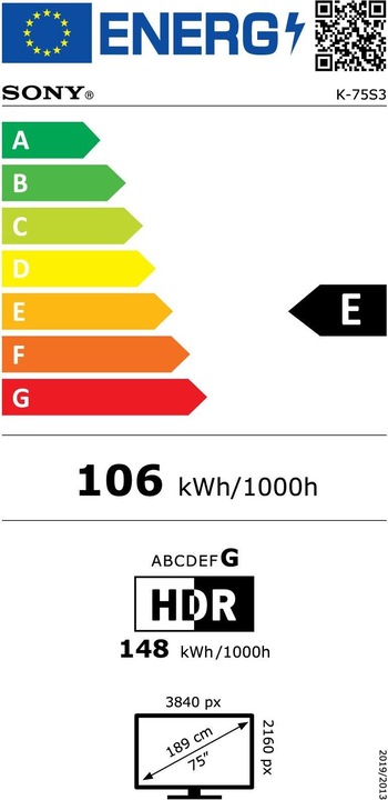 Etichetta energetica Sony K-75S3 (75", LCD, 4K, 2025)