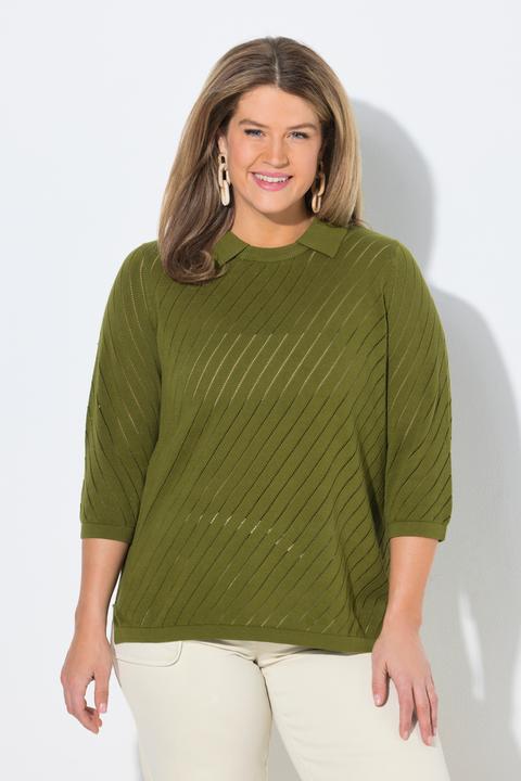 Image du produit Ulla Popken Pull-over à texture rayée, col rond, col polo, manches 3/4 (50, 52)