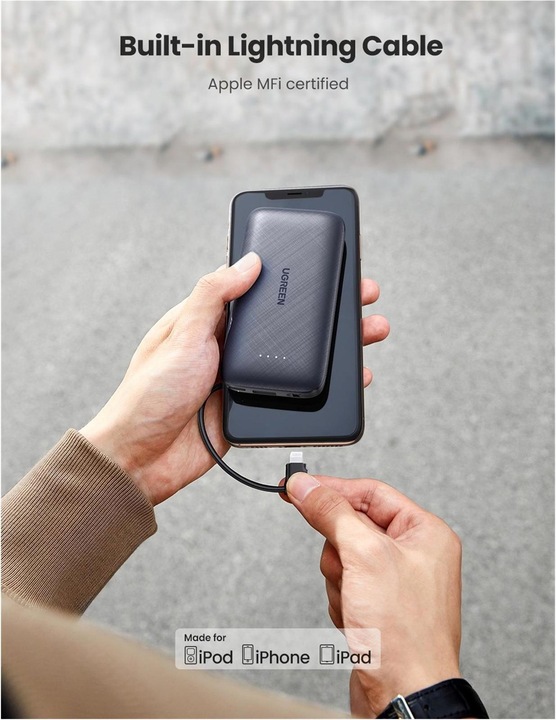 Produktbild Ugreen 10000mAh Schnellade Powerbank mit eingebautem Lightning Kabel