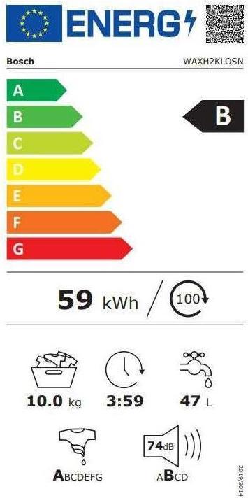 Energie-Label Bosch Hausgeräte Serie | 8 WAXH2KLOSN - Waschmaschine - Wi-Fi - Höhe: 85 cm - Frontbedienung - 70 Liter - 10 kg (10 kg, Links)