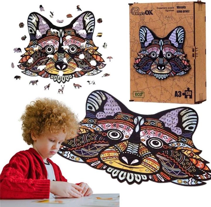PuzzleOk Eco wooden puzzle 130 Happy raccoon A3 (130 pieces)