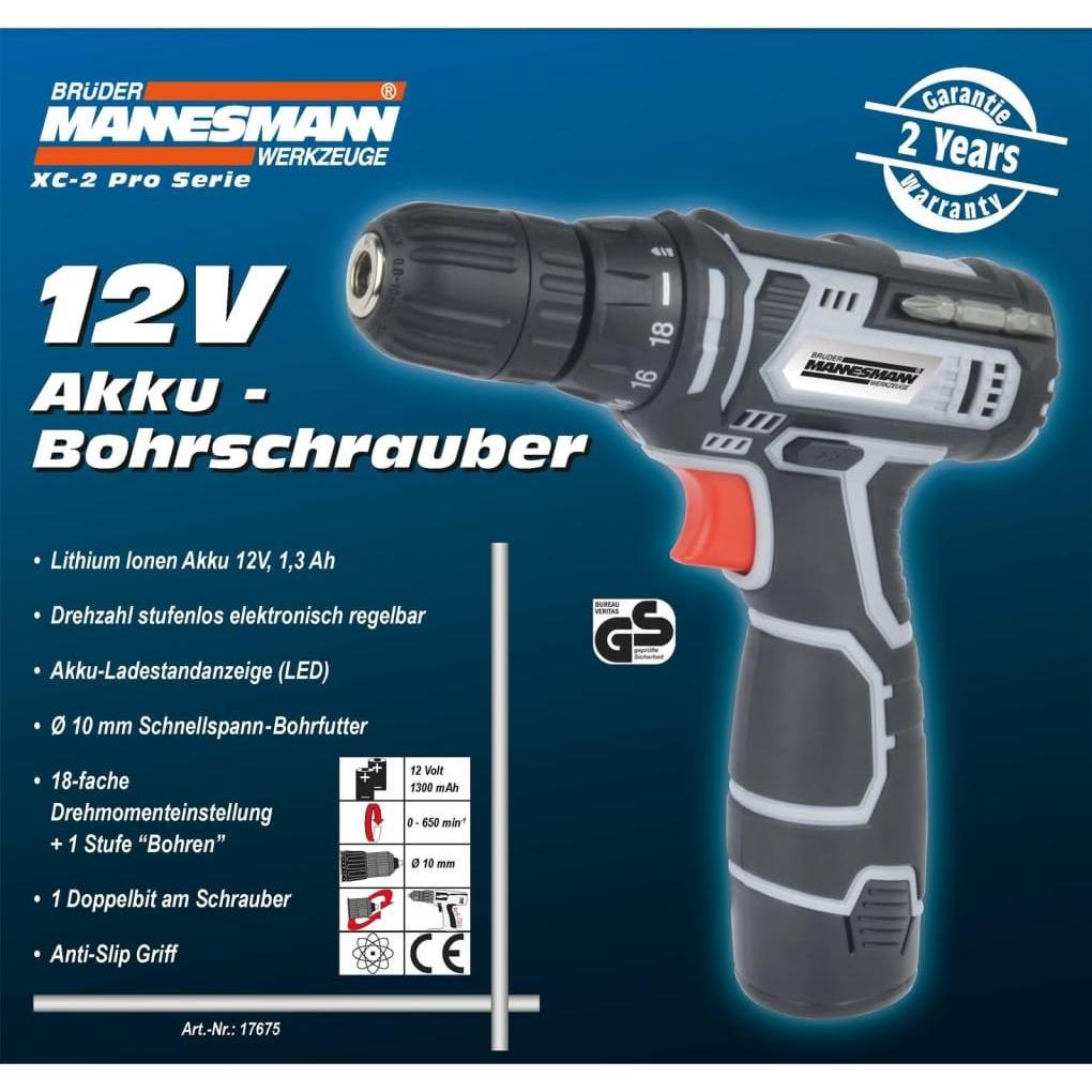 Thumbnail - Mannesmann, Bohrmaschine + Akkuschrauber, Akkubohrschrauber 12 V (Akkubetrieb)