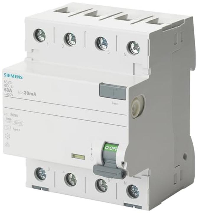 Actual product image Siemens RCD type 63A Npol. 00mA 400V 4TE