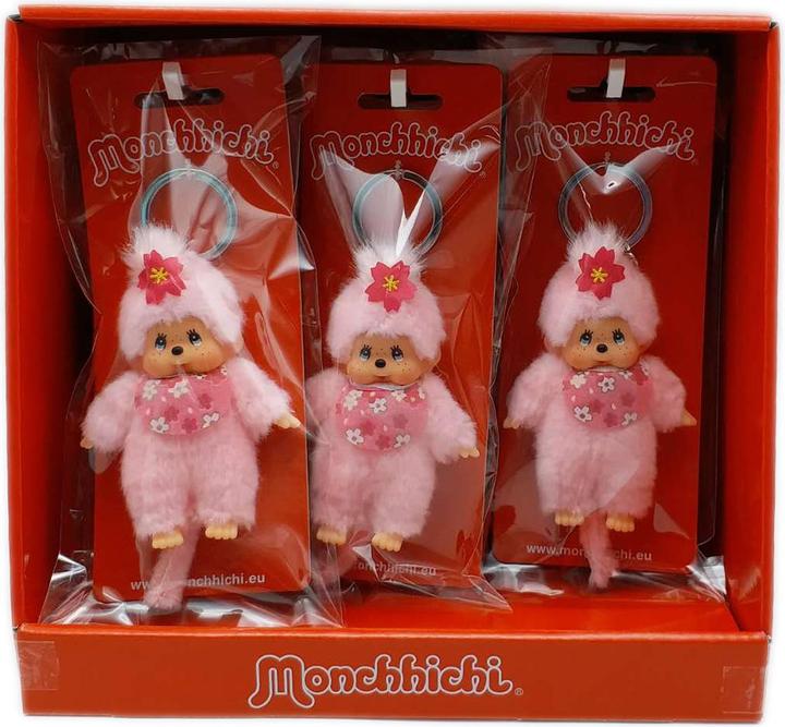 Actual product image Monchhichi Sekiguchi 242467 Original girl cherry blossom, made of pink plush, with bib and braid with