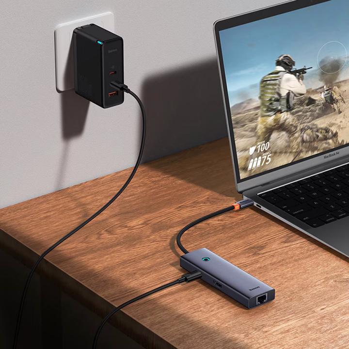Actual product image Baseus Hub 6w1 UltraJoy 6-Port ( USB-C to 1xHDMI4K@30Hz + 3xUSB 3.0 + 1xPD +RJ45) (USB-C, 6 ports)