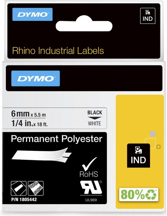 Produktbild Dymo Rhino 6mm schwarz auf weiß Perm Poly (0.60 cm, Weiss)