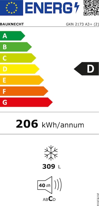 Label énergétique Bauknecht GKN 2173 A3+ Congélateur (EEK D, volume utile 309 litres, NoFrost, 5 tiroirs dont 1 B (Autonome, 309 l)