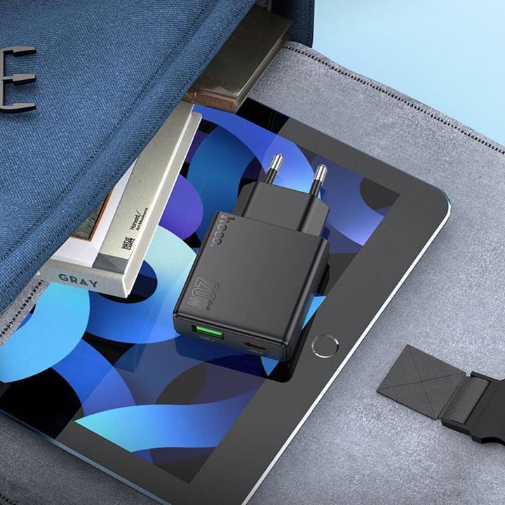 Actual product image Hoco Adapter slim wall charger USB A + Type C PD QC3.0 3A 20W N38 black (20 W)