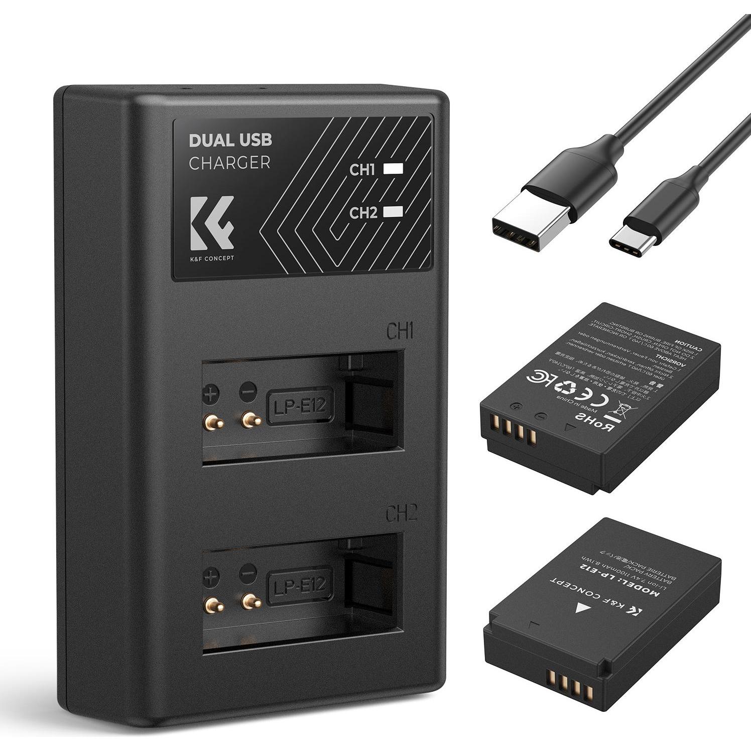 K&F Concept LP-E12 1100mAh Batteria doppia per fotocamera digitale con caricatore a LED a doppio canale, per (Batteria della fotocamera), Alimentatore