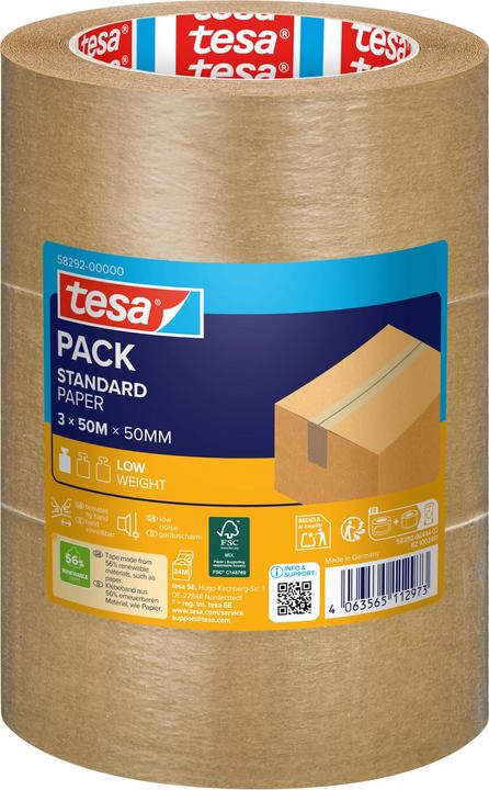 Produktbild tesa 3x tesapack PAPER STANDARD Verpackungsband - 56 % biobasiertes Material - recyclingfreundlich (50 mm)