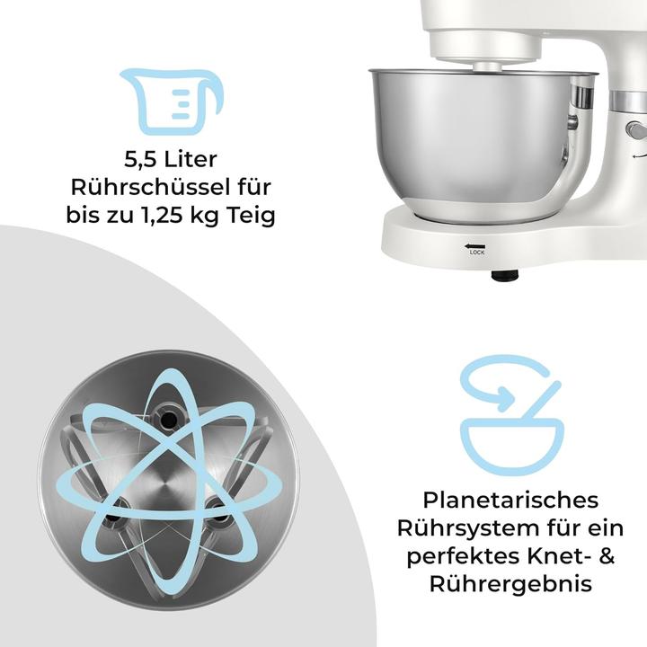 Actual product image KLAMER Küchenmaschine Classic 1400 W – 5,5 L Rührschüssel aus Edelstahl, Knet-, Rühr- & Schneeb… (1400 W, 5.50 l)
